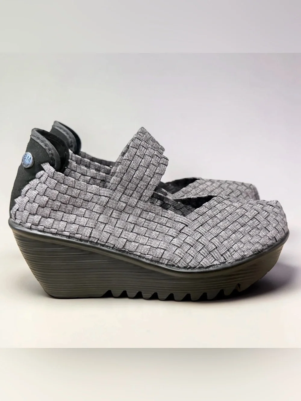 Bernie Mev Lulia Woven Stretch Platform Mary Jane Comfort Wedge Gray and Black